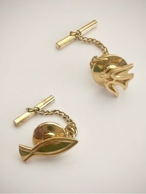 Two 14k gold James Avery tie pins descending dove and ichthus fish